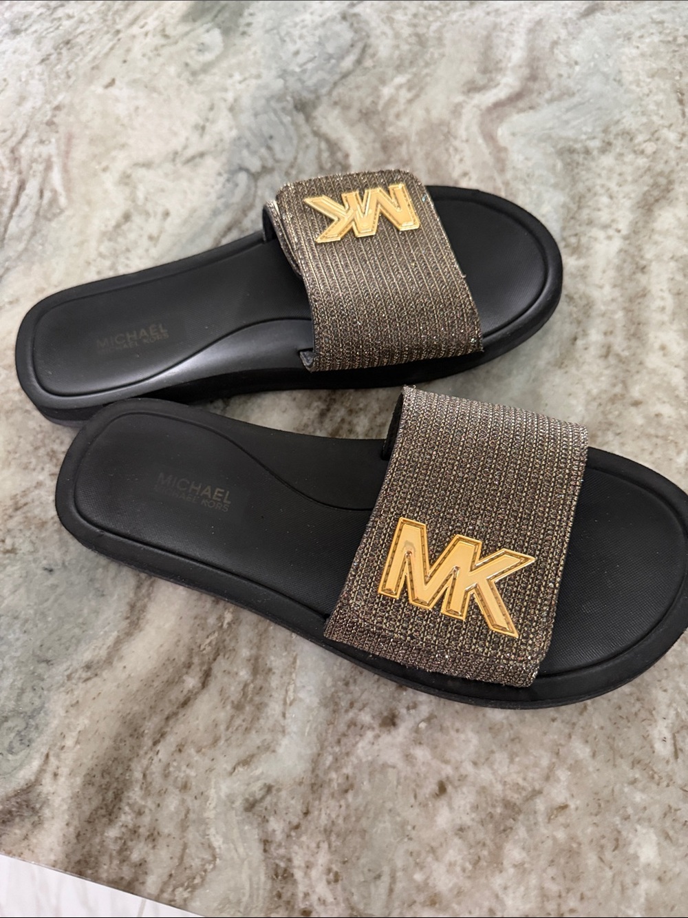 Michael Kors Bronze Metallic Strap Slides with Gold MK Emblems